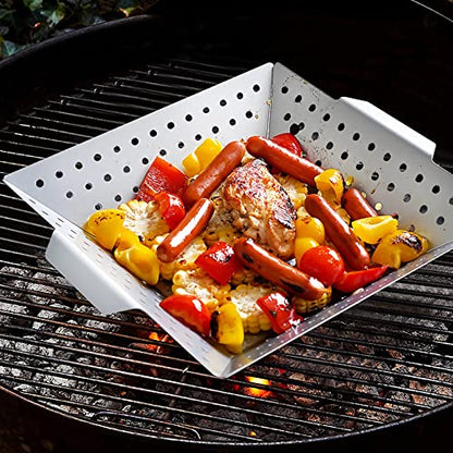 12 Inch Square Grill Basket, Stainless Steel BBQ Basket with Non-Stick Coating, Heat-Resistant Handle for Vegetables, Fish, Shrimp - Fits Gas/Charcoal/Electric Grills (Silver) - style: Grill Basket