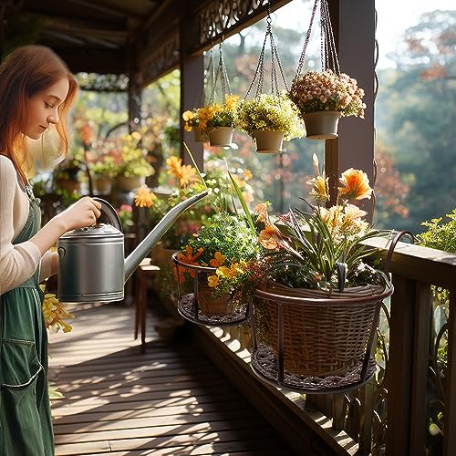 Iron Art Metal Railing Flower Pot Hanging Basket for Indoor Pot Holder Hanger 3 Pack Outdoor Plants Perfect for Porches and Patio Decor (Black)