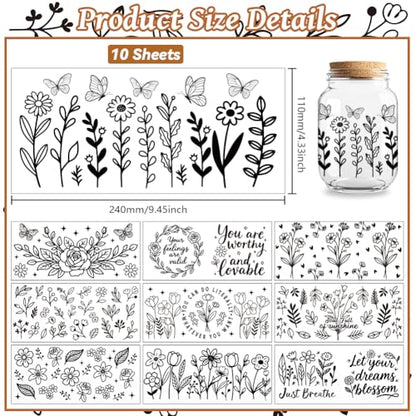 UV DTF Cup Wraps Transfer Stickers Black Line Flowers Pattern, 10 Sheets Waterproof Custom Vinyl Transfer Sticker 16oz Coffee Glass Cup Tumbler Bottle Mug Decals for Men Women - style: Black Line Flowers