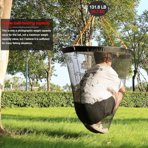 Large Collapsible Bridge Pier Fishing Net Landing Net with Rod, High Load Aluminum Ring Drop Net for Saltwater and Freshwater Pier Fishing Basket with 49.2 ft. Rope - color: Black, size: 31.5 x 31.5 x 29.5", style: Small Size Mesh