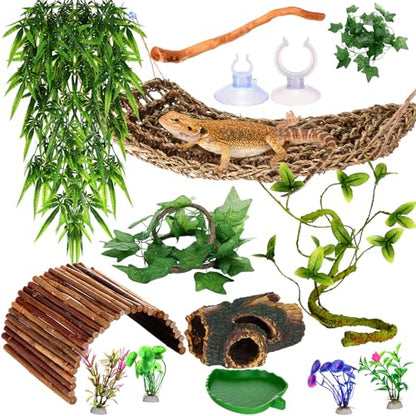 Bearded Dragon Tank Accessories Reptile Bridge Hammock Plants Jungle Climber Vines Terrarium Branch Plants Habitat Decoration for Hiding Climbing Snake Gecko Lizard Chameleon