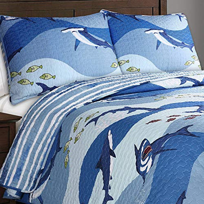 Lush Decor 16T003162 Blue Shark Allover Quilt | Fish Ocean Wave Reversible 3 Piece Bedding Set-Full Queen - size: Full/Queen