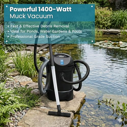 CleanSweep 1400 Pond Vacuum with a 13' Intake Suction Hose, 4 Extension Tubes, 3 Vacuum Nozzles, a 6.5 Foot Output Hose, and a Debris Collection Bag | 13 ft intake hose, 6.5 ft output hose, 4 extension tubes, 3 nozzles, Debris collection bag