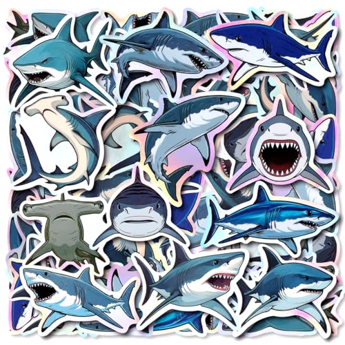 100pcs Holographic Shark Waterproof Vinyl Stickers - Cool Ocean Animal Decor & Party Favors for Laptop, Water Bottle, Classroom