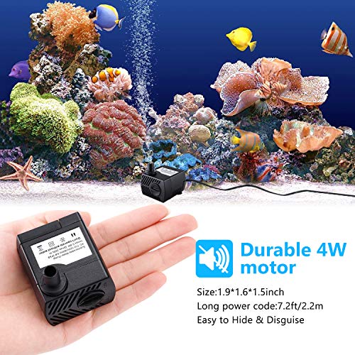 Fountain Pump, 80GPH(4W 300L/H) Submersible Water Pump, Durable Outdoor Fountain Water Pump with 4.9ft Tubing (ID x 1/3-Inch), 3 Nozzles for Aquarium, Pond, Fish Tank, Water Pump Hydroponics