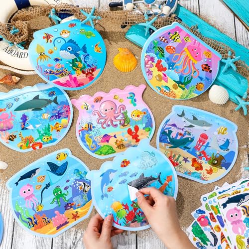 Frienda 48 Set Fishbowl Sticker Craft Kit Make Your Own Under the Sea Ocean Scene Stickers Bulk DIY Ocean Sea Animals Scene Stickers Shark Clown Fish for Summer Party Favors Home Game Activities - style: Fish
