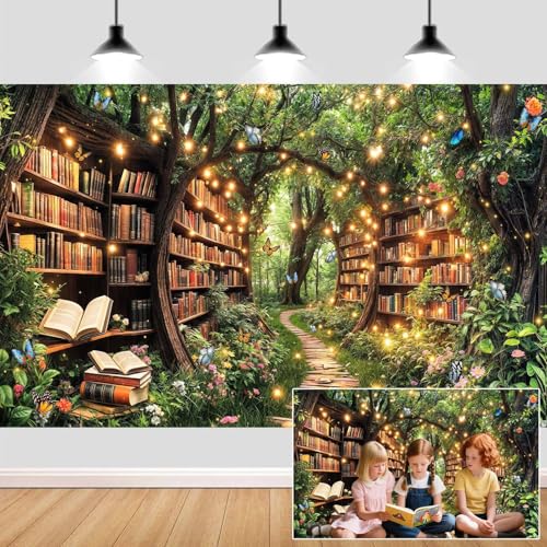 7X5ft Enchanted Forest Fairy Library Backdrop Fairy Tale Magic Bookshelf Green Garden Book Tree Floral Butterfly Photography Background Birthday Party Decorations Baby Shower Banner Photo Booth Props - color: Multi3, size: 7x5ft