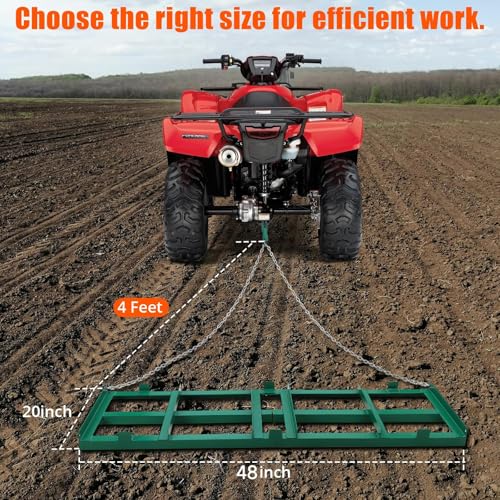 Garvee 48 Inch Heavy Duty Lawn Leveling Rake & Driveway Drag Harrow – Tow-Behind Gravel Grader for ATV, UTV, Tractor, Mower – Durable Steel Landscape & Soil Leveler, Reinforced 4FT Chain, Dirt, Sand