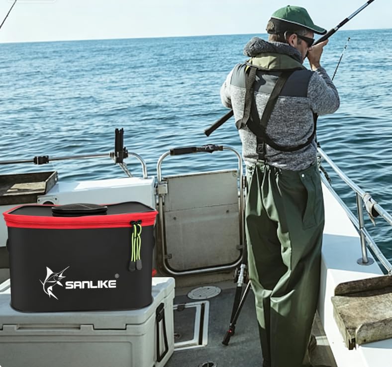 SANLIKE Foldable Live Fish Bucket, EVA Fishing Bait Bucket, 35/40/45CM Collapsible Fish Container, Leakproof Livewell for Kayak Boat Bank Fishing, Black/Army Green - color: Black-35cm