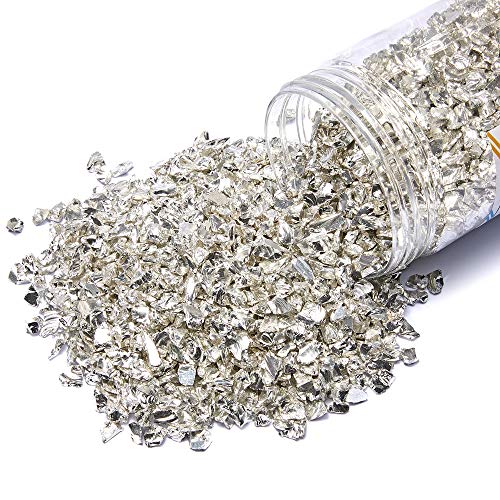 TWINKLING High Luster Fire Glass Gravel Stone Glitter,Broken Glass,Fire Gems Chips,Crushed Glass for Fire Pit Crafts Resin Art Aquarium Garden Decoration,3-6mm,1-Pound Jar (Silver)