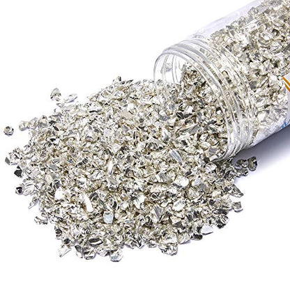 TWINKLING High Luster Fire Glass Gravel Stone Glitter,Broken Glass,Fire Gems Chips,Crushed Glass for Fire Pit Crafts Resin Art Aquarium Garden Decoration,3-6mm,1-Pound Jar (Silver)