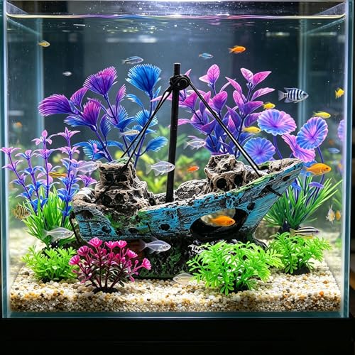 Aquarium Decoration Kit, Resin Shipwreck Ornament with 6 Artificial Aquatic Plants, Fish Tank Decor Set