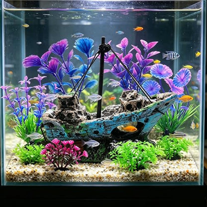 Aquarium Decoration Kit, Resin Shipwreck Ornament with 6 Artificial Aquatic Plants, Fish Tank Decor Set