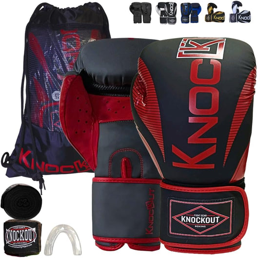 Knockout Elite Boxing Gloves 8-16 oz for Men & Women with Wraps & Mouth Guard - Ideal for Muay Thai, Kickboxing, Adult Heavy Punching Bag Gloves Training - Durable, Comfortable & Protective - color: Black / Red, size: 14 oz