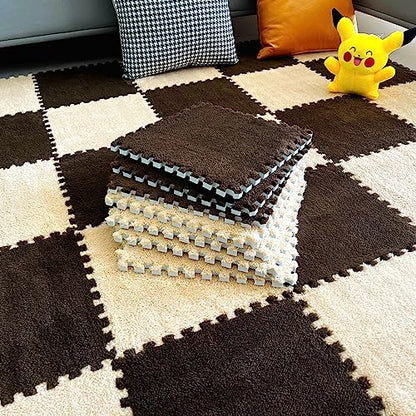 12pcs Tiled Puzzle Play Mats Interlocking Shaggy Soft EVA Foam Mats Protective Floor for Children Kids Room Home Parlor Bedroom(Brown) - color: Brown