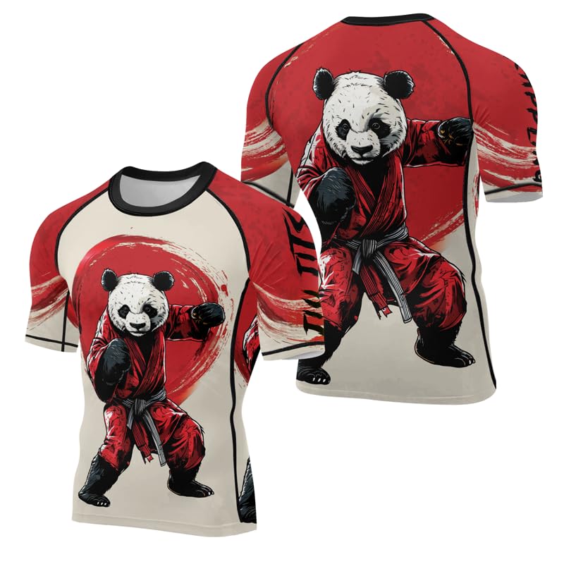 Panda Fighter Men's Short Sleeve Compression Rash Guard MMA Jiu Jitsu BJJ Grappling Base Layer Combat Shirt - color: V1, size: X-Large