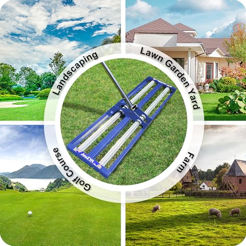 Updated Lawn Leveling Rake 30"x10", Lawn Leveler with Aluminum Rollers, Yard Leveling Rake Stainless Steel with 27-80" Adjustable Handle, Heavy-Duty Lawn Rake Suit for Garden, Golf Lawn, Farm, Blue