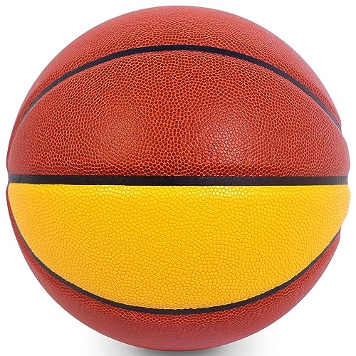 KUYOTQ 3LBS/3.3LBS/2.2LBS Weighted Heavy Training Basketball 29.5/28.5" in and Outdoor Improving Handling Dribbling Passing Rebounding Skill Composite Size 7/6 Weighted Training Basketball Equipment - color: Brown+Yellow, size: Size 7 Adult & Pro - 29.5"-
