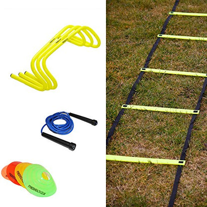 Football Fitness Training Set - Sports Exercise and Strength Equipment - Home Gym Workout - Includes 3 x 6 Hurdles, 1 x Adjustable Agility Ladder, 20 x Marker Cones, 1 x FH Skipping Rope