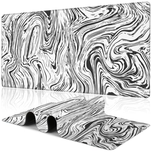 Black and White Marble Desk Mat,Large Abstract Marble Texture Gaming Keyboard Mouse Pad,Non-Slip Rubber Base Desk Pad Thick Stitched Edges Waterproof Mousepad Mouse Mat 31.5"x11.8" - color: White and Black Marble