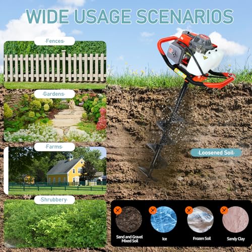 72cc Post Hole Digger, Gas Powered Post Hole Digger, Earth Auger Digger with 3 Drill Bit 4" & 8" & 12" and 2 Extension Rods 24" 24" for Planting Fence Farmland Garden & Plant, 2200W - size: 72cc