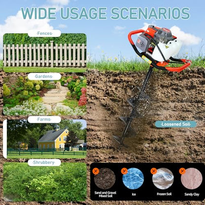 72cc Post Hole Digger, Gas Powered Post Hole Digger, Earth Auger Digger with 3 Drill Bit 4" & 8" & 12" and 2 Extension Rods 24" 24" for Planting Fence Farmland Garden & Plant, 2200W - size: 72cc
