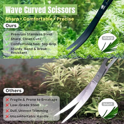 LINLAN 9.8-inch Wave Curve Aquascaping Scissors, Full Chamfer Smooth Design, Carbonized Anti-Rust, Professional Dutch Style Aquascape Shears, for Layered Shaping & Trimming Plants at Any Angle - size: Matte Black