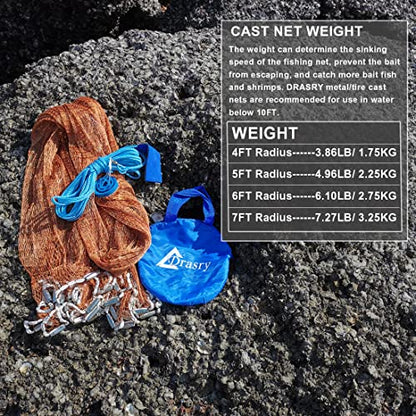 Saltwater American Fishing Cast Net 3/8inch Mesh Size for Bait Shrimp Trap Fish Heavy Duty Sinkers Throw Net 3FT/4FT/5FT/6FT/7FT/8FT/9FT/10FT Radius - color: yellow, size: 4FT Radius, style: Zinc-iron--tire Lines -3/8" Mesh 1lb/Ft