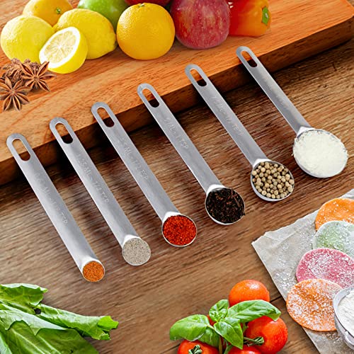 Upgrade Stainless Steel Measuring Spoons Set, Small Tablespoon, Teaspoons, Set 6 with Bonus Leveler, Etched Markings and Removable Clasp for Dry and Liquid, Fits in Spice Jars - size: 7 pieces