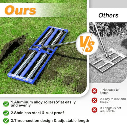 Updated Lawn Leveling Rake 30"x10", Lawn Leveler with Aluminum Rollers, Yard Leveling Rake Stainless Steel with 27-80" Adjustable Handle, Heavy-Duty Lawn Rake Suit for Garden, Golf Lawn, Farm, Blue