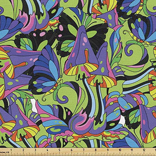 Lunarable Mushroom Fabric by The Yard, Groovy Trippy Mixed Colors Toadstool Plants Swirls Butterflies Green Violet Tones, Decorative Fabric for Upholstery and Home Accents, 2 Yards, Green Purple - color: Green Purple, size: Upholstery Fabric 2 yards