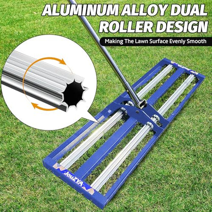 Updated Lawn Leveling Rake 30"x10", Lawn Leveler with Aluminum Rollers, Yard Leveling Rake Stainless Steel with 27-80" Adjustable Handle, Heavy-Duty Lawn Rake Suit for Garden, Golf Lawn, Farm, Blue