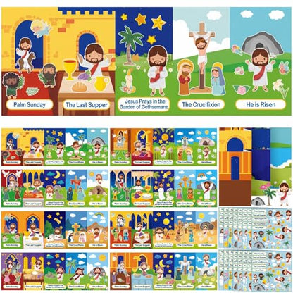 Frienda 48 Set Religious Easter Crafts Holy Week Scene Kits Make Your Own Christian Easter Stickers He is Risen Sticker Palm Sunday Crafts for DIY Classroom Sunday School Church Party Supplies - style: Nativity