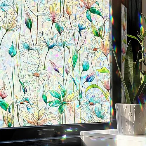 Window Privacy Film, Stained Glass Decorative Static Cling, Removable Laser Sun Blocking Vinyl Covering, Window Film for Home Kitchen Living Room, White Mulan, 17.5" x 78.7" - color: White Mulan, size: 17.5" x 78.7"