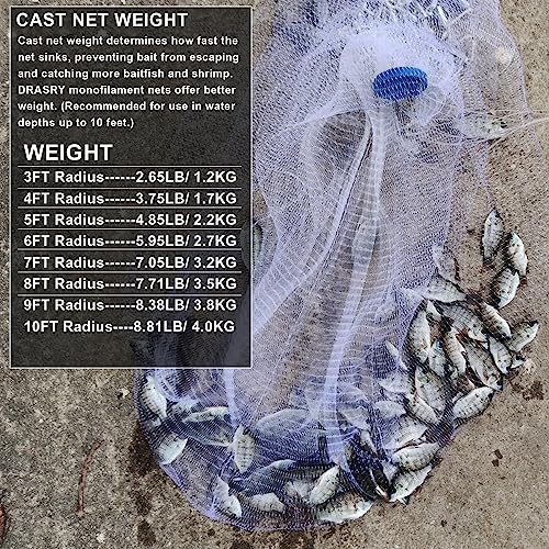 Saltwater American Fishing Cast Net 3/8inch Mesh Size for Bait Shrimp Trap Fish Heavy Duty Sinkers Throw Net 3FT/4FT/5FT/6FT/7FT/8FT/9FT/10FT Radius - color: White, size: 3FT Radius, style: Zinc-iron--mono -3/8" Mesh 1lb/Ft