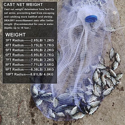 Saltwater American Fishing Cast Net 3/8inch Mesh Size for Bait Shrimp Trap Fish Heavy Duty Sinkers Throw Net 3FT/4FT/5FT/6FT/7FT/8FT/9FT/10FT Radius - color: White, size: 3FT Radius, style: Zinc-iron--mono -3/8" Mesh 1lb/Ft
