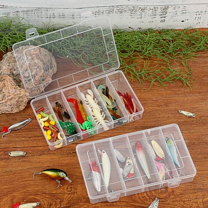 JUXYES 2Pack Plastic Small Fishing Tackle Box Organizer with 6 Compartments, Clear Mini Fishing Tackle Storage Boxes with Dividers, Transparent Fish Pocket Tackle Storage Box Lure Box