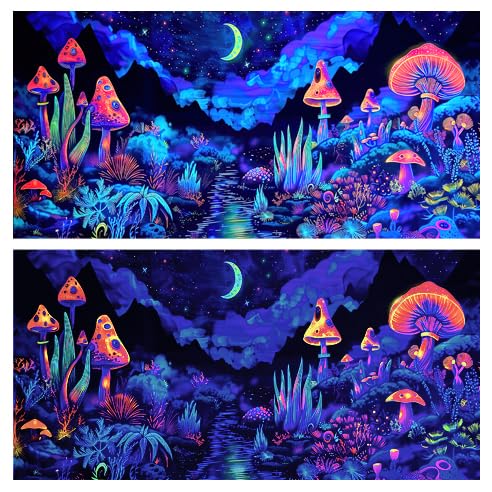 24X12IN Blacklight Mushroom Flower Black Light Aquarium Background, UV Fish Tank Background Moonlight Mountain Forest Landscape Terrarium Background with 10 EVA Double-Sided Tape