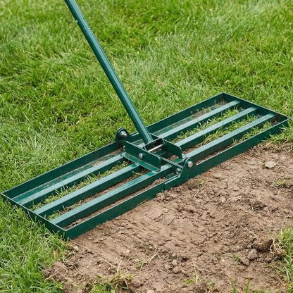 Lawn Leveling Rake 30"x10" Heavy Duty Carbon Steel, 72" Adjustable Long Handle, Leveler Tool for Yard Garden Golf Course Soil Dirt Ground Surface Leveling