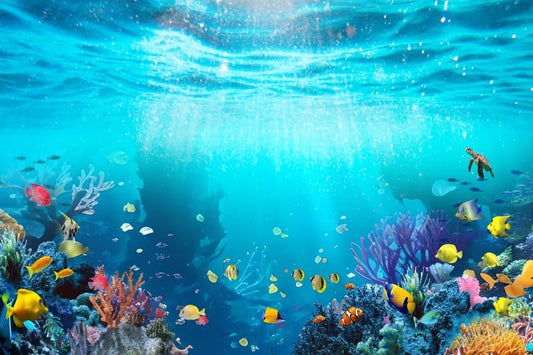 Under The Sea Backdrop Nautical Underwater World Coral Turtle Fish Decorations Background Ocean Seabed Sunlight Diving Backdrop Aquarium Cake Table Banner Studio Props Vinyl 6x6ft - color: Marine Blue, size: 6x6ft (180x180cm)