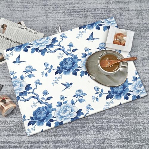 Chinoiserie Dish Drying Mat, for Kitchen Counter Microfiber Absorbent, Blue and White Dish Draining Mat Extra Large 18"x24" - color: Chinoiserie