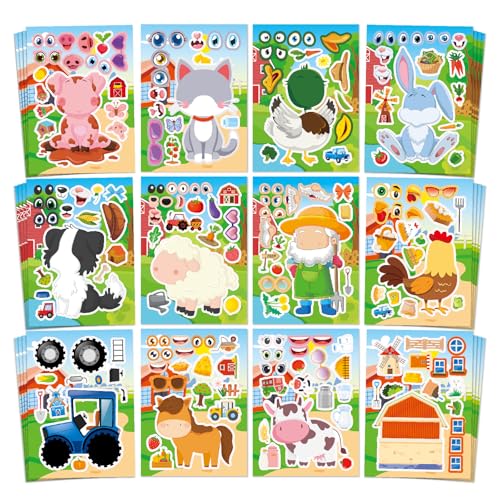 48 Sheets Farm Animal Make‑a‑Face Stickers for Kids & Toddlers – 12 Unique Mix‑and‑Match Designs – Farm Party Favors, Birthday Supplies, Activities & Crafts - style: Farm Fun