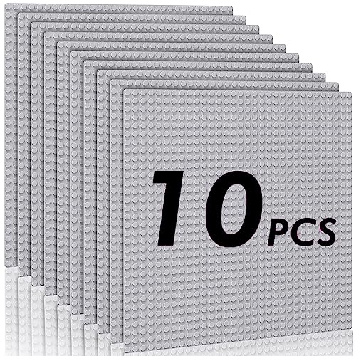 Pokiiulk Classic Baseplates Building Plates-Pack of 10 Large 10" x 10" Building Bricks Compatible with All Major Brands,Perfect STEM Gift for Builders Age 3+,Grey