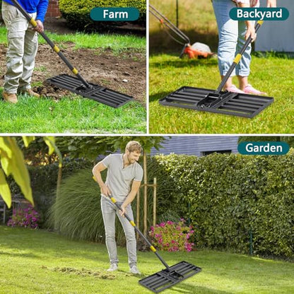 BsBsBest Lawn Leveling Rake, 26"x25" Peat Moss Spreader with 6FT Adjustable Handle Dirt Ground Level Tool for Yard Garden Golf Course Farm Pasture