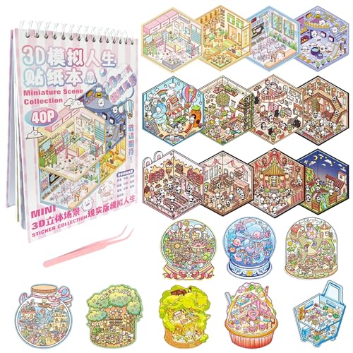 3D Sticker Scene Book 20 Sets 3D House Stickers Therapy DIY Stickers Miniature Cozy Room Sticker Scenes for Adults Relief Stress Funny Gift for Holiday (Pink 2)