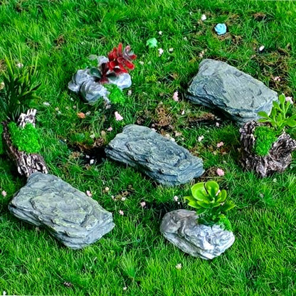 Kai Dream Miniature Fake Stone Rocks, Trees Stumps with Plants -7 Piece Decorative Landscape Ornaments for Fairy Garden Accessories, Zen Garden, Diorama