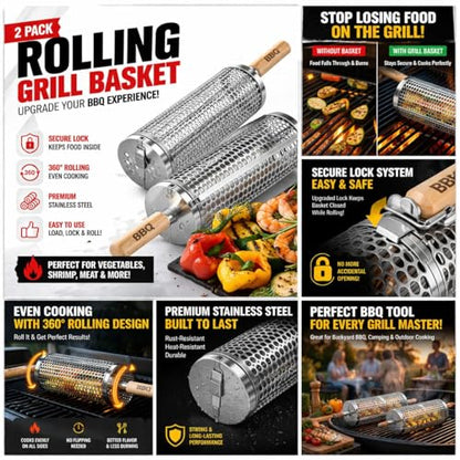 Rolling Grill Basket; 2 PCS; Stainless Steel; Nesting BBQ Tools; Grill Basket for Vegetables, Shrimp, Fish & Meat – Rotating BBQ for Outdoor Cooking and Grilling Accessories