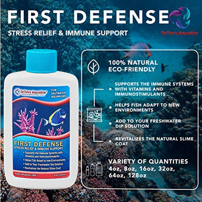 Dr. Tim’s Aquatics Saltwater First Defense Fish Stress Relief and Immune Support – For Fish Tanks, Aquariums – Revitalizes Natural Slime Coat – Detoxifies Heavy Metals, Repairs Wounds – 128 Oz.