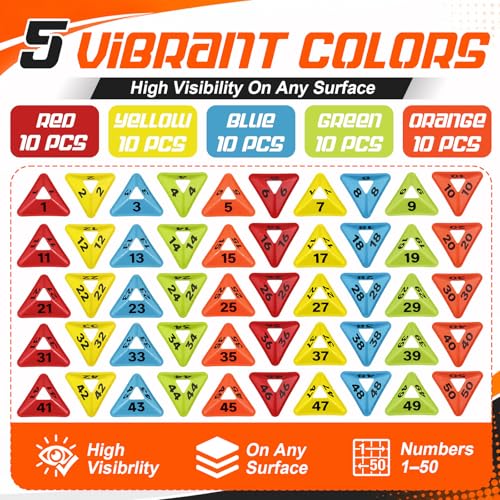 Liliful 50 Pack 1-50 Numbered Sports Cones Bulk, Triangular Soccer Cones for Training Agility Drills with Storage Mesh Bag for Football Practice Coaching Marker Equipment Basketball