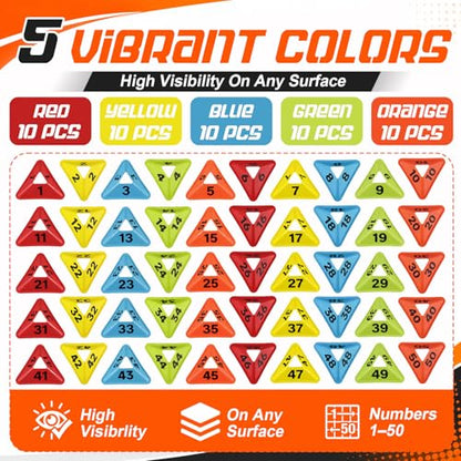 Liliful 50 Pack 1-50 Numbered Sports Cones Bulk, Triangular Soccer Cones for Training Agility Drills with Storage Mesh Bag for Football Practice Coaching Marker Equipment Basketball